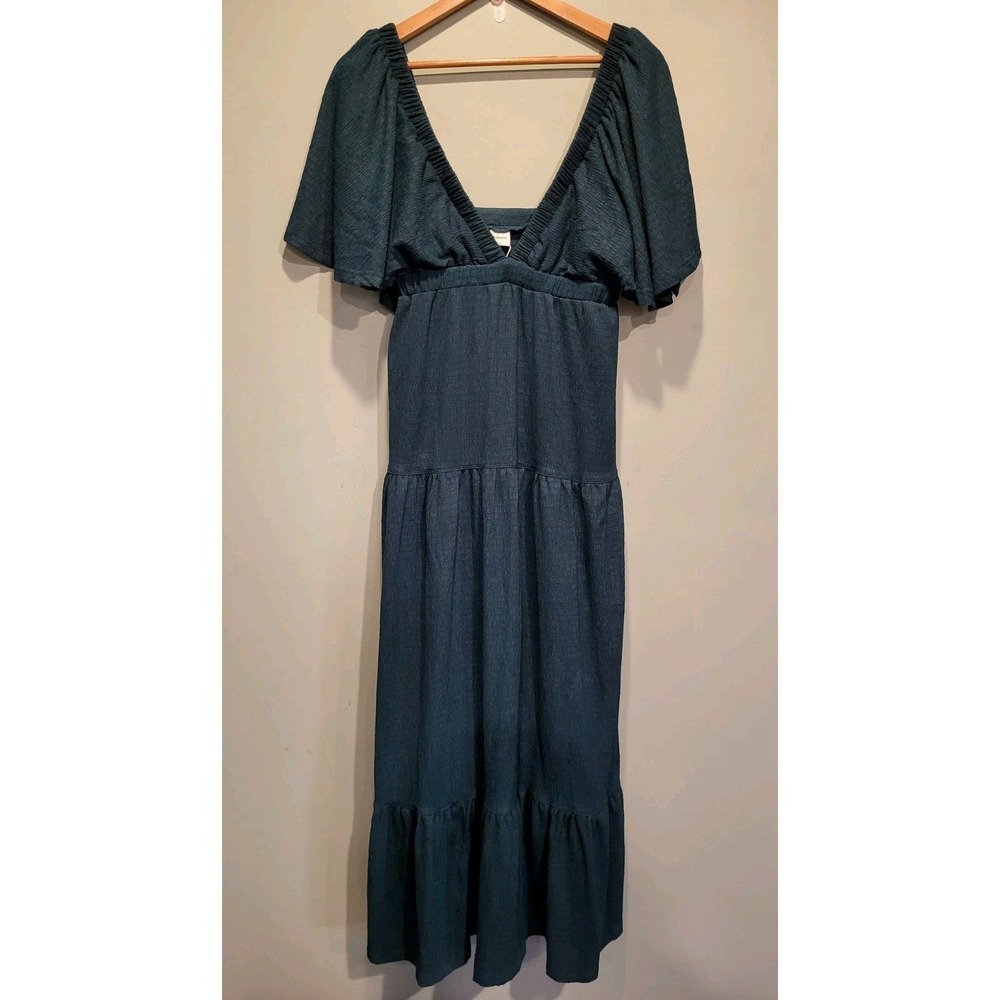 New Green Deep V Neck Flutter Sleeve Tiered Empire Waist Fairy Maxi Dress L